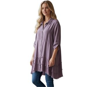 Umgee Alexa Purple Button-Up Frayed Tiered Tunic Top NWOT Size XL